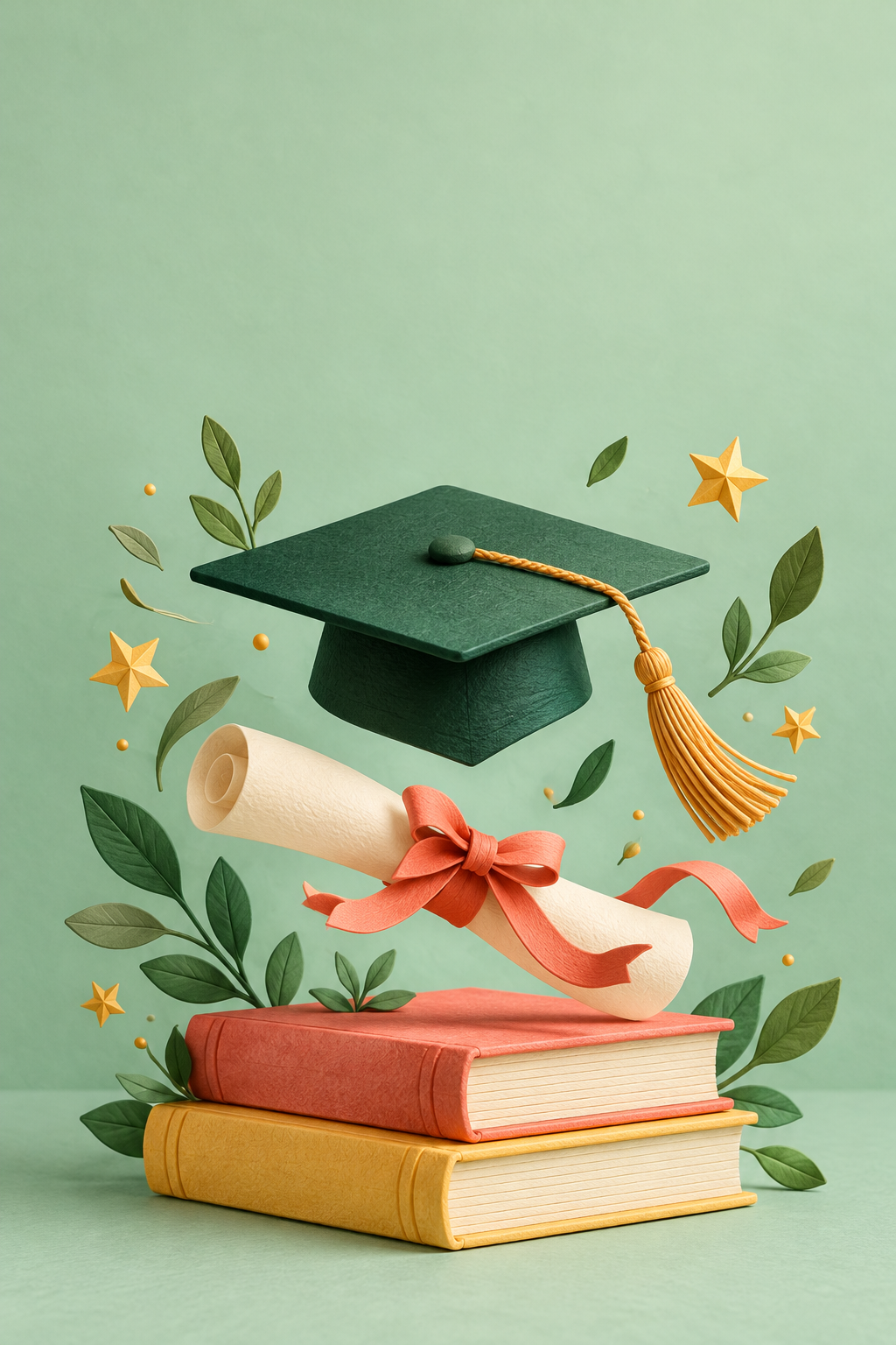 A graduation cap and books with a golden tassel