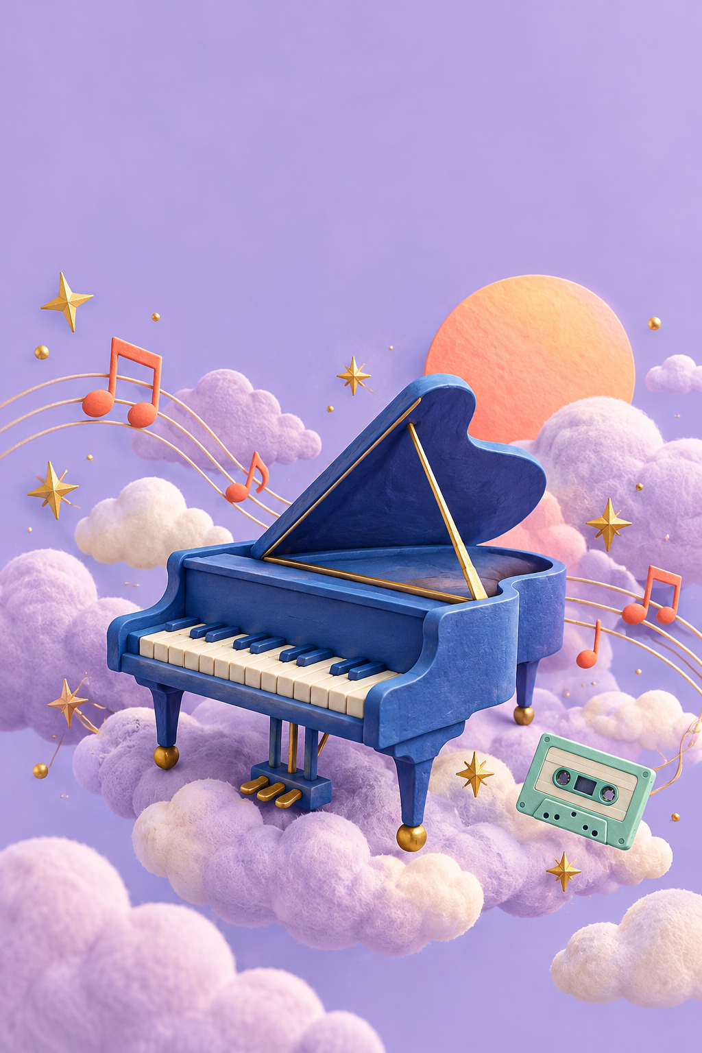 A blue piano floating among lavender clouds