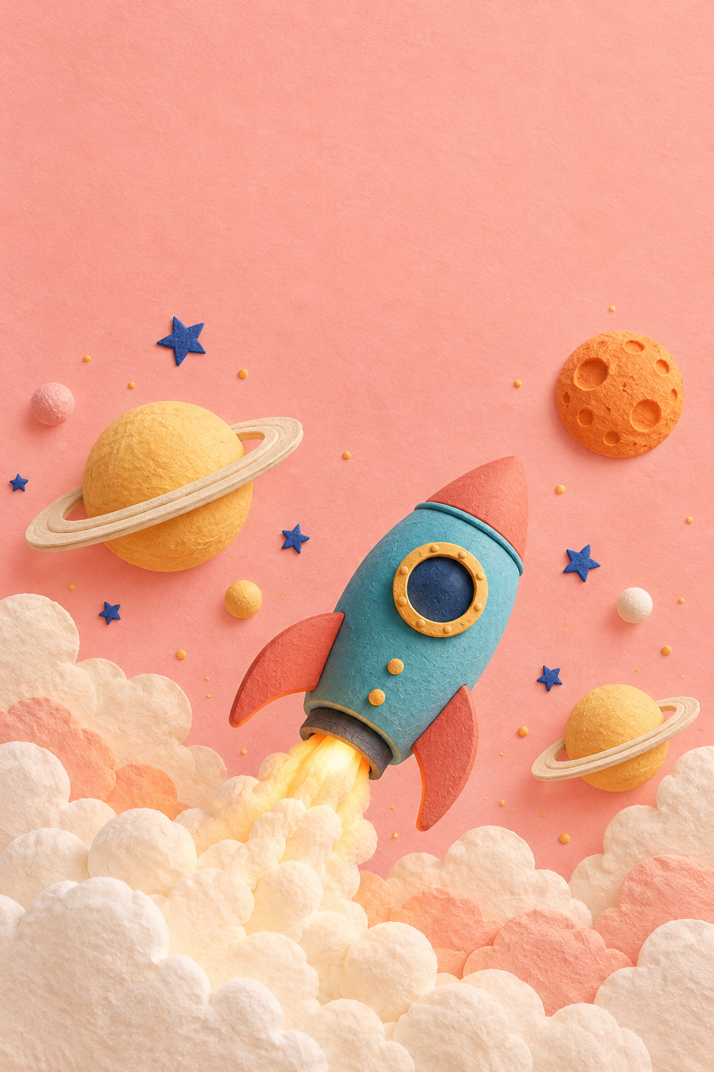 A turquoise rocket exploring a colorful paper-craft universe